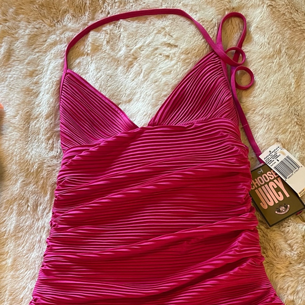 Juicy Couture Beach Halter Pink Ruched Ruffle Swim dress.